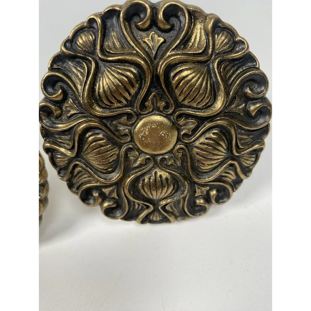 3 Vintage Ornate Brass Round Medallion Curtain Drapery Hold Backs Tiebacks MCM